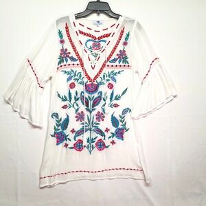Sunny Oceans White Embroidered Boho Peasant Tunic Blouse Bell Sleeve Womens L